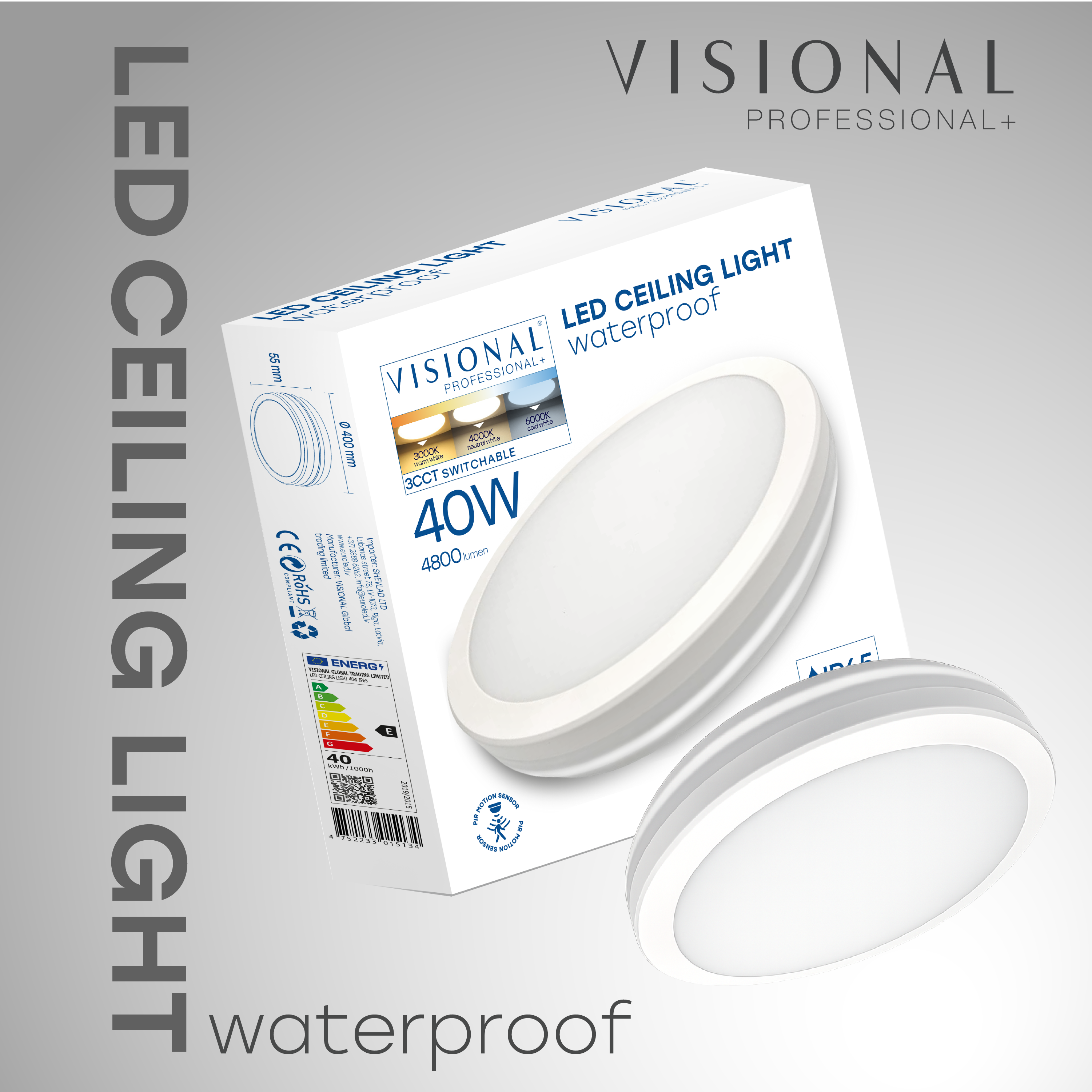 LED Ūdensizturīgs gaismeklis ar PIR kustības sensoru 40W, 3CCT, 4800Lm, IP65, Ø 400 x 55 mm